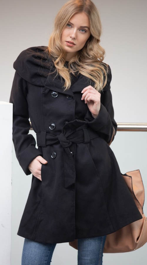 Dámský černý elegantní zimní kabát