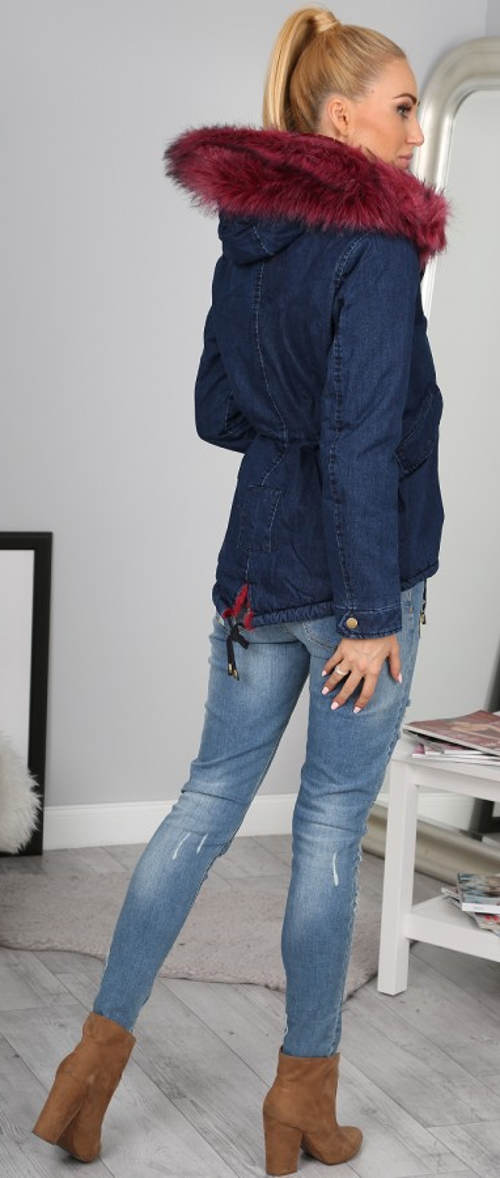 Zimní jeansová bunda s fialovým kožíškem