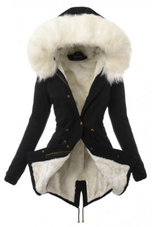 Černý dámský kabátek s bílou kožešinovou kapucí