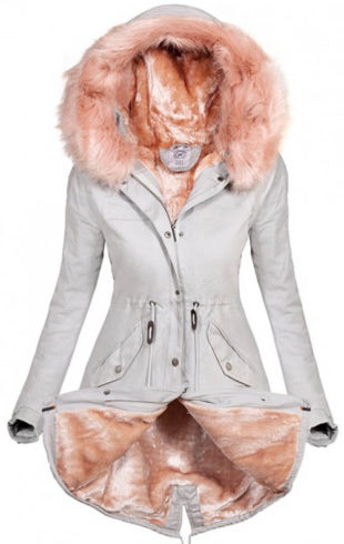 Bílá dámská zimní bunda s růžovou kožešinou