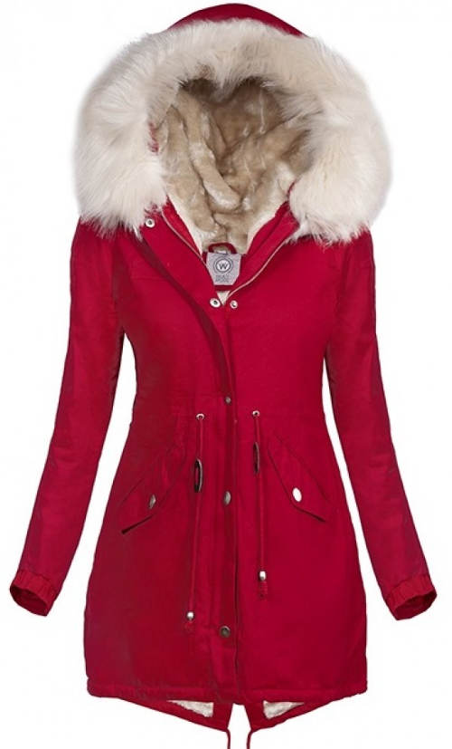 Červená dámská parka bunda s bílým kožíškem
