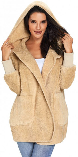 Dámský béžový fleecový kabát s kapucí
