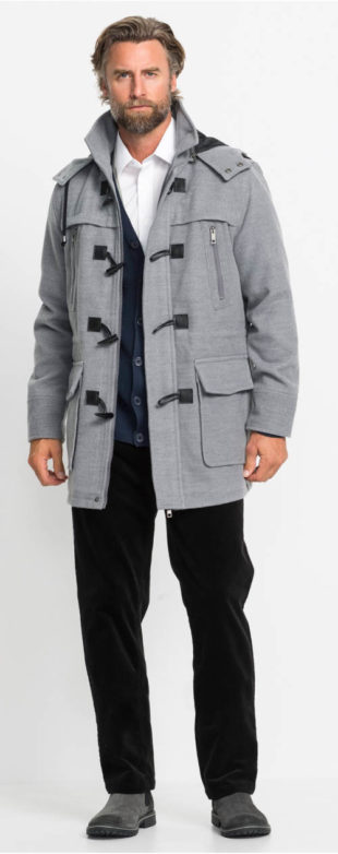 Vlněné pánský šedý kabát s kolíkovými knoflíky
