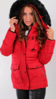 Červená dámská zimní bunda s černým kožíškem