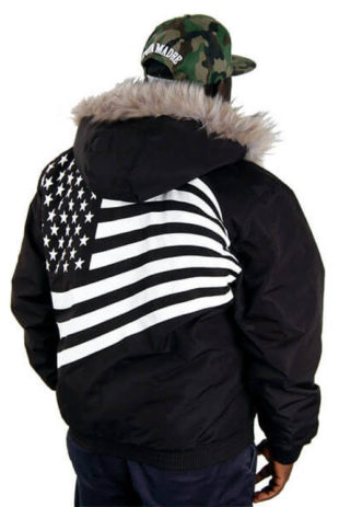 Černá pánská zimní bunda s americkou vlajkou na zádech