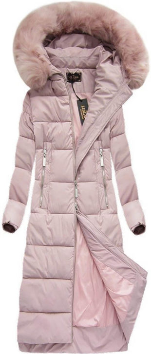 Dlouhý dámský růžový prošívaný zimní kabát