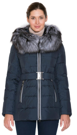 Teplý a funkční péřový kabát s kožešinou z lišky stříbrné