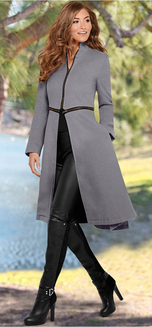 Dlouhý šedý dámský kabát na zip