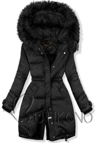 Jednobarevná černá prodloužená dámská zimní bunda