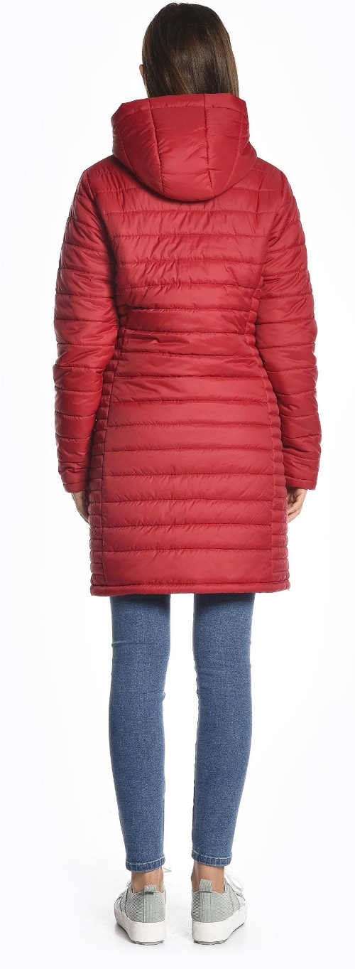 Moderní červený prošívaný dlouhý kabát s kapucí