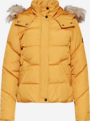 Žlutá dámská zimní prošívaná bunda s kožíškem na kapuci