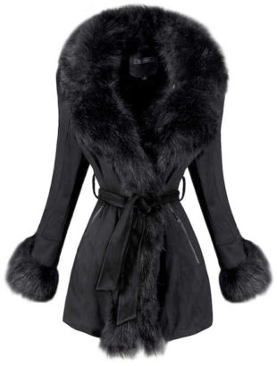 Dámský zimní kabát s kožešinou a stahovacím páskem