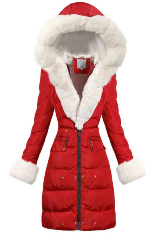 Dlouhá červená prošívaná dámská zimní bunda s bílým kožíškem