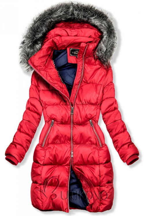 Moderní červená dámská zimní bunda s prošitím