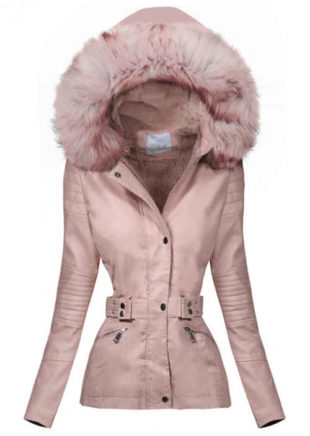 Světle růžová koženková dámská zimní bunda s velkým kožíškem na kapuci