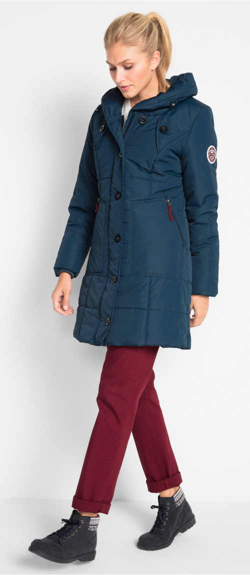 Hřejivý modrý prošívaný dámský zimní kabát