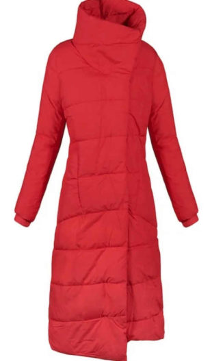 Dlouhý červený zavinovací zimní kabát