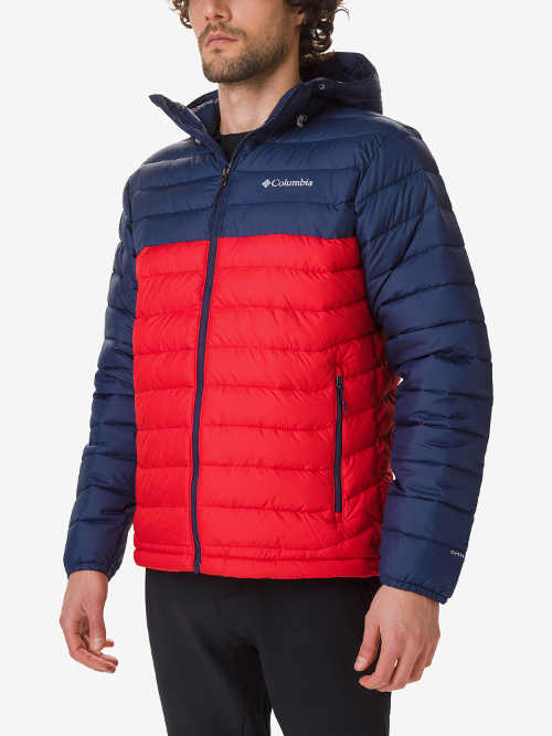 Pánská zimní bunda s kapucí v modro-červeném designu