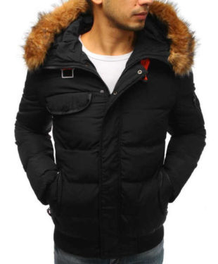 Prošívaná pánská zimní bunda s kapucí a kožešinovým lemem