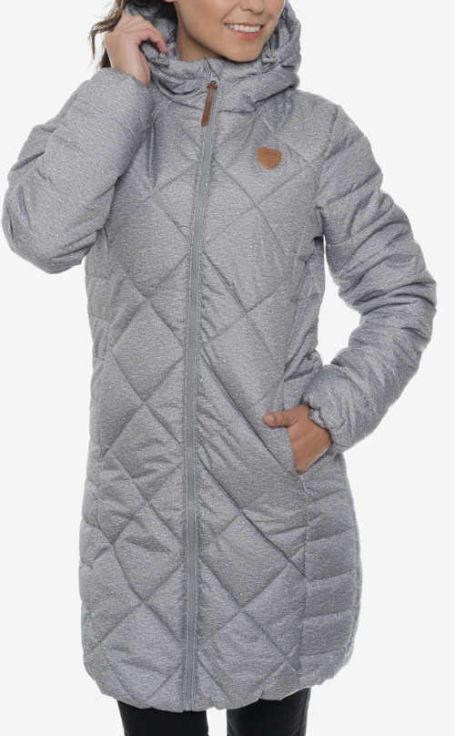 Dámský prošívaný kabát s kapucí v módní šedé barvě