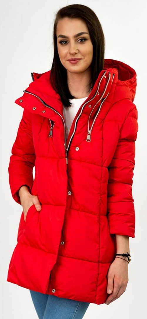 Červená dámská zimní bunda se stříbrnými zipy