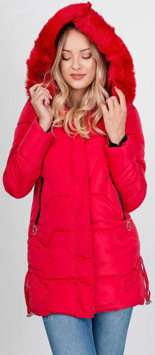 Červená dámská zimní XXL bunda se zipem a patentkami