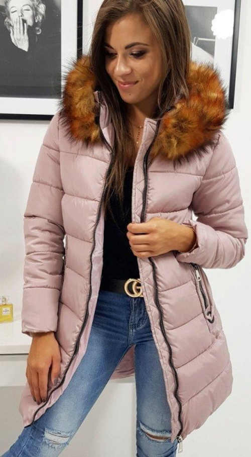 Světle růžová prodloužená dámská zimní bunda s kožíškem