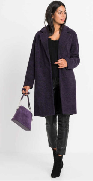 Dámský kabát ve vlněném designu v tmavě fialové barvě