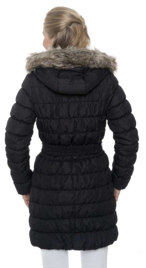Černý prošívaný dámský zimní kabát kožíškem na kapuc