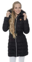 Černý prošívaný prodloužený dámský zimní kabát s kapucí SAM73