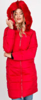 Červená prodloužená prošívaná dámská zimní bunda s kožešinou