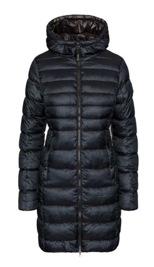 Dlouhý tmavý prošívaný dámský zimní kabát