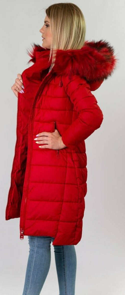 Hřejivá prodloužena červená dámská zimní bunda