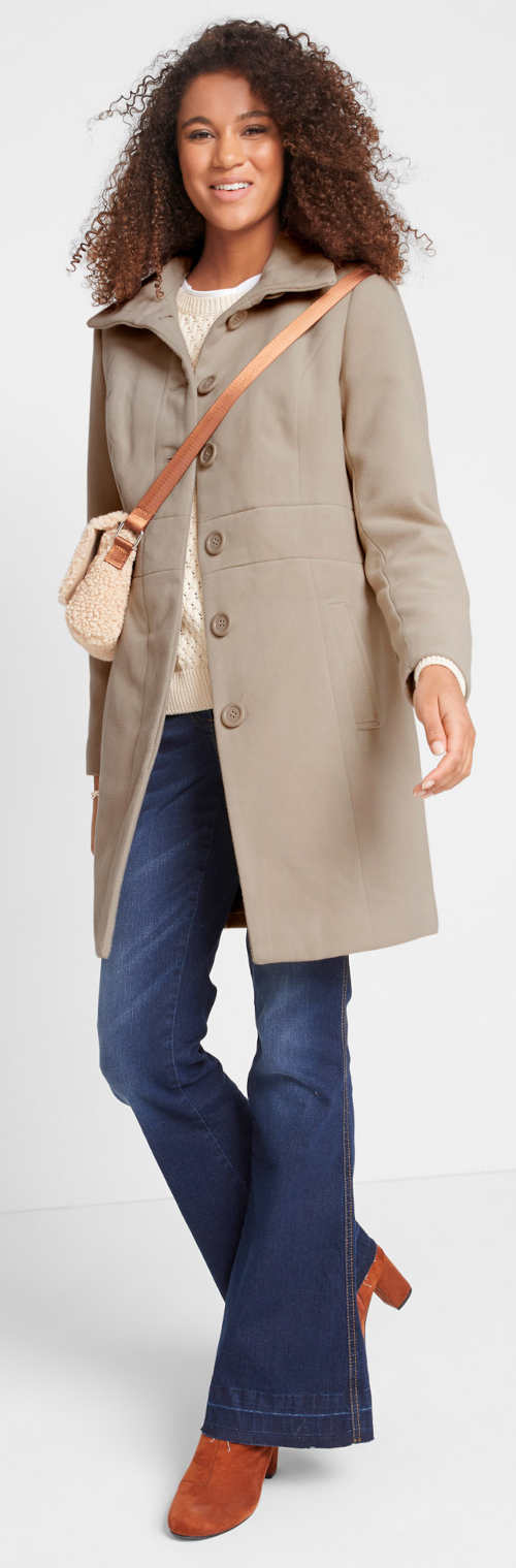 Moderní světlý vlněný dámský kabát