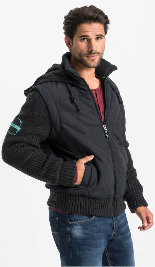 Černá pánská zimní bunda s pletenými rukávy a spodním lemem