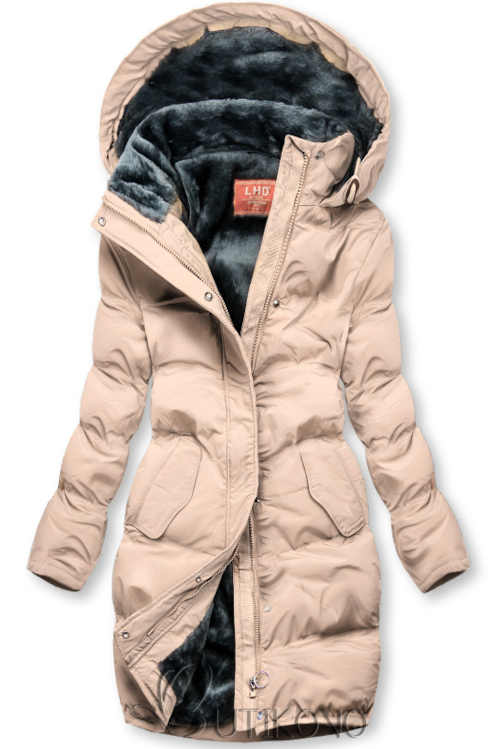 Pudrová zimní bunda s kapucí a plyšovou podšívkou