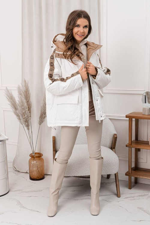 Béžovo-bílá dámská moderní bunda s praktickou kapucí