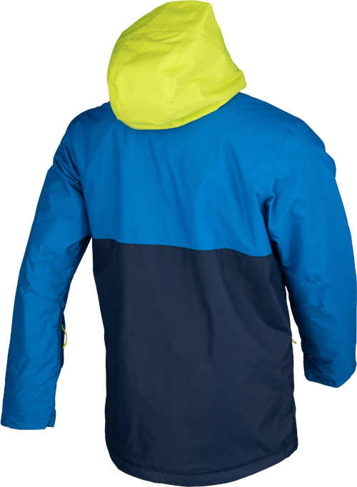 modro-žlutá lyžařská bunda s kapucí