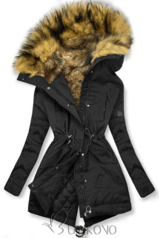 Černá zimní bunda s vysokým límcem a kožešinovým lemem
