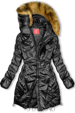 Černá lesklá zimní bunda s kapucí a v praktické prodloužené délce