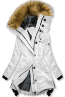 Moderní bílá bunda s vysokým límcem s kožešinovým lemem