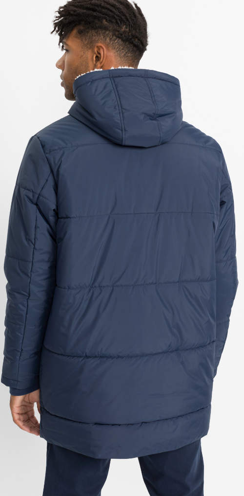 Prošívaná tmavě modrá pánská zimní bunda s kapucí