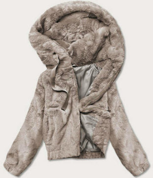 Krátká béžová dámská kožešinová bunda s kapucí