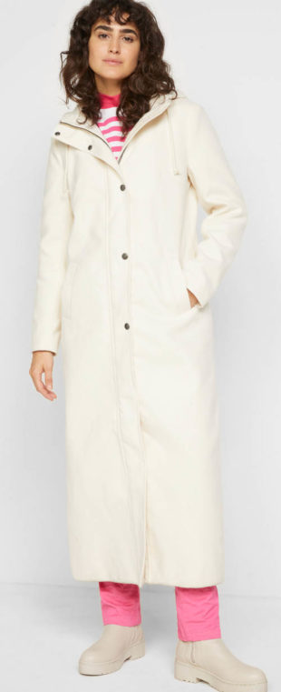 Dlouhý dámský bílý vlněný kabát s kapucí