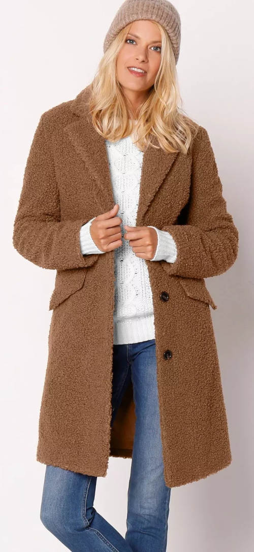 Hnědý dámský zimní kabát s elegantním límcem
