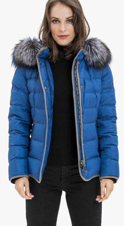 Modrá dámská prošívaná zimní bunda Kara s kapucí s odnímatelným kožíškem