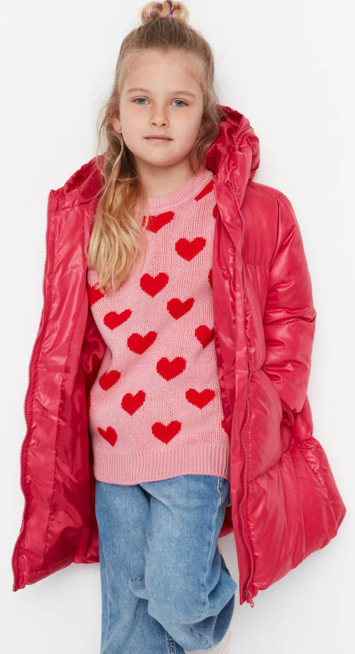Prodloužená červená dětská prošívaná zímní bunda pro holky