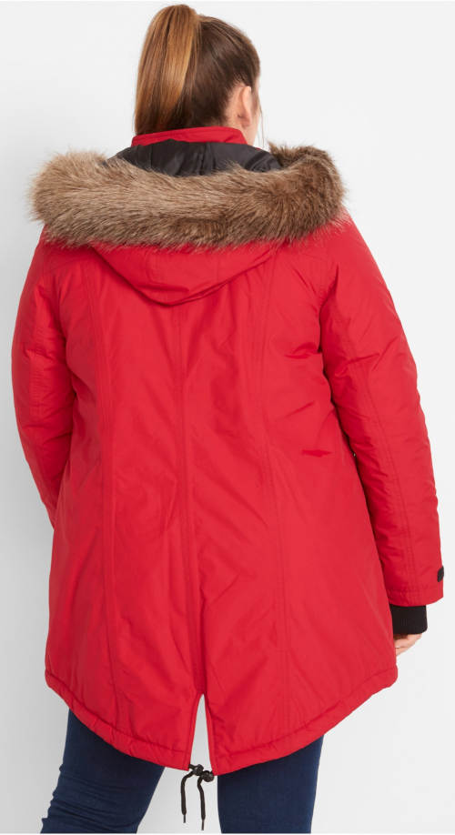 Červená XXL zimní dámská zimní bunda s kapucí a kožíškem
