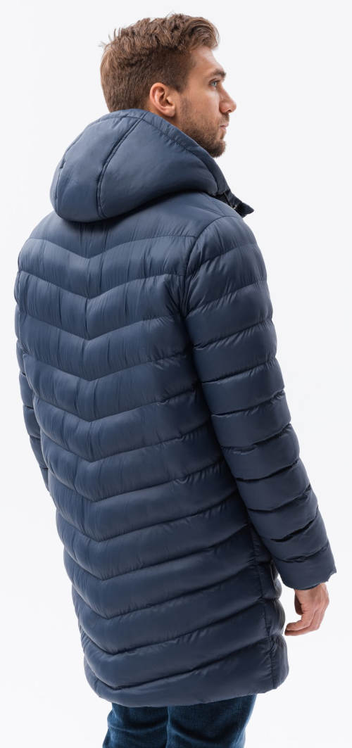 Prodloužená modrá prošívaná pánská zimní bunda s kapucí