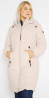 Dlouhý teplý béžový prošívaný dámský zimní kabát s kapucí